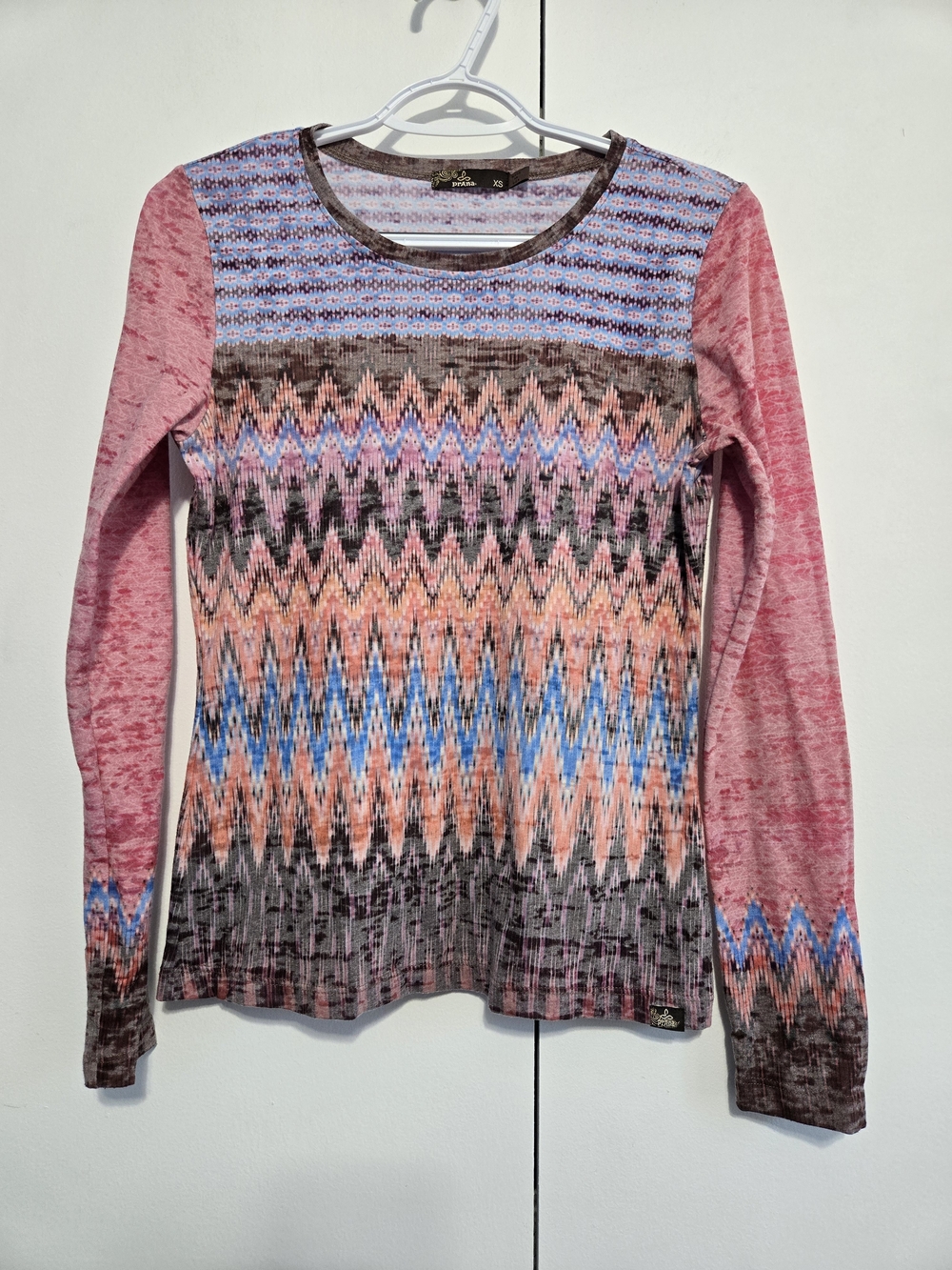 prAna Lottie Long Sleeve Top XS Pink Blue Geometric Burnout Organic Cotton